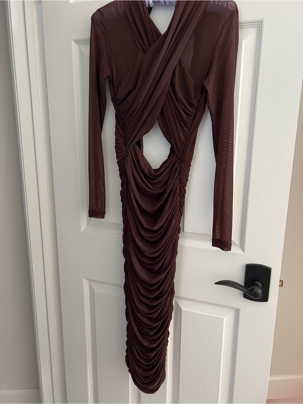 Bardot Chocolate Brown Ruched Long-Sleeve Cutout Dress